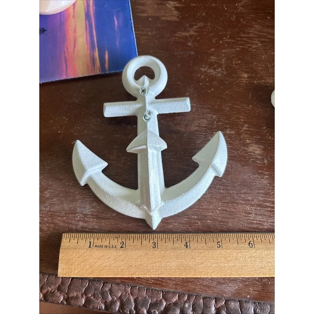 Metal Cast Iron Nautical Anchors Wall Coat Rack & Hooks White Set Of 4